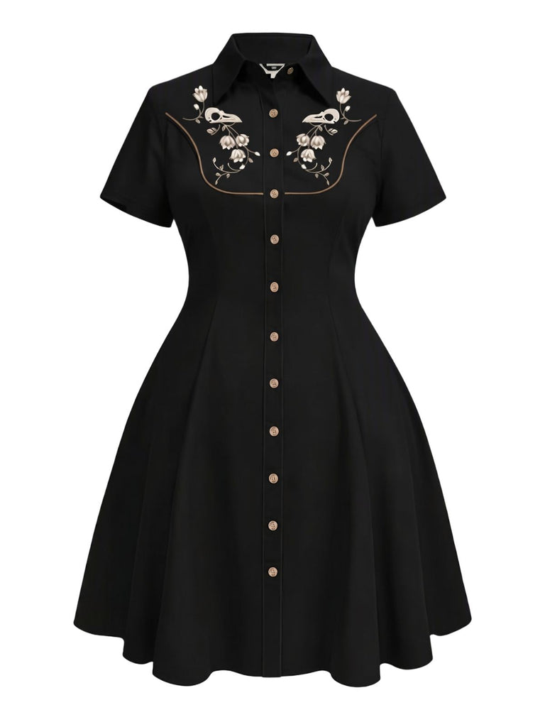 [Übergröße] Schwarzes 50er Westernkleid aus Baumwolle mit Blumenstickerei