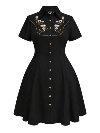 [Übergröße] Schwarzes 50er Westernkleid aus Baumwolle mit Blumenstickerei