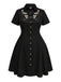 [Übergröße] Schwarzes 50er Westernkleid aus Baumwolle mit Blumenstickerei