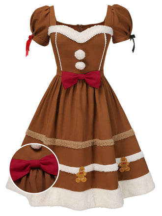 [Übergröße] Senfgelbes 50er Lebkuchenmännchen-Kleid mit Flauschbesatz