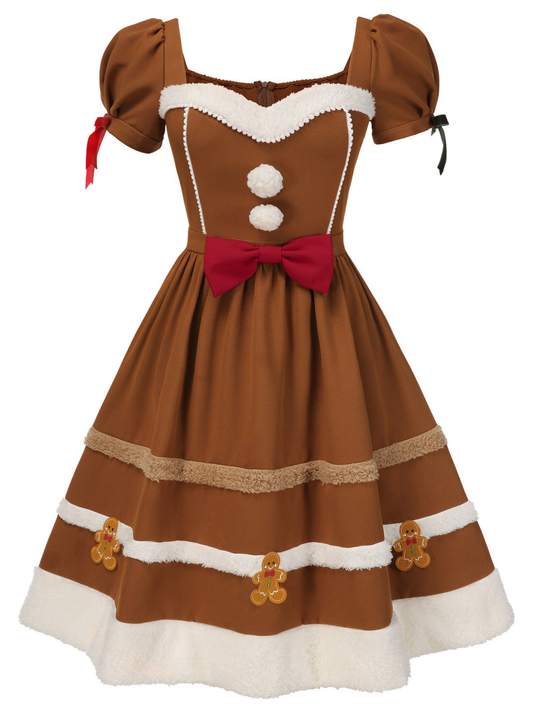 [Übergröße] Senfgelbes 50er Lebkuchenmännchen-Kleid mit Flauschbesatz