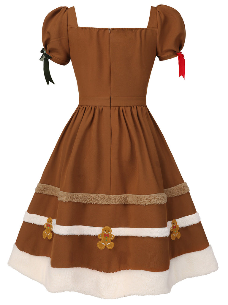 [Übergröße] Senfgelbes 50er Lebkuchenmännchen-Kleid mit Flauschbesatz