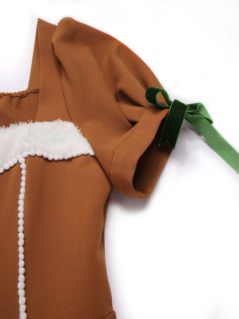 [Übergröße] Senfgelbes 50er Lebkuchenmännchen-Kleid mit Flauschbesatz