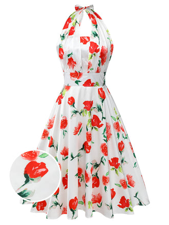 Weißes 1950er Aquarell-Rosen-Trägerkleid