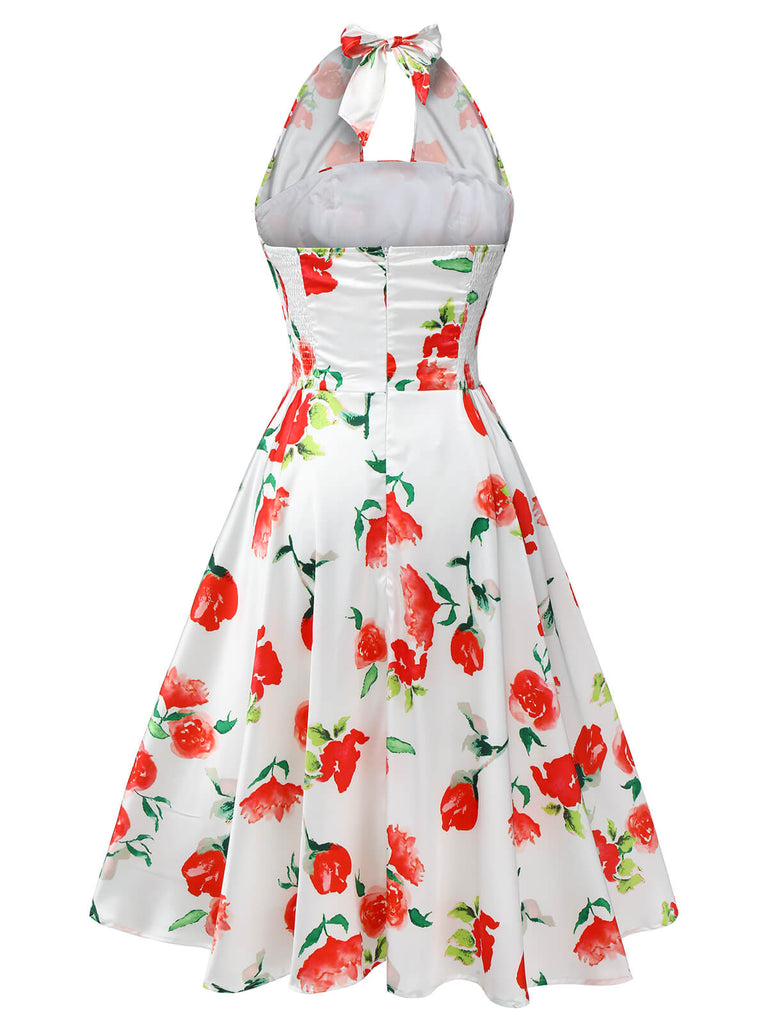 Weißes 1950er Aquarell-Rosen-Trägerkleid