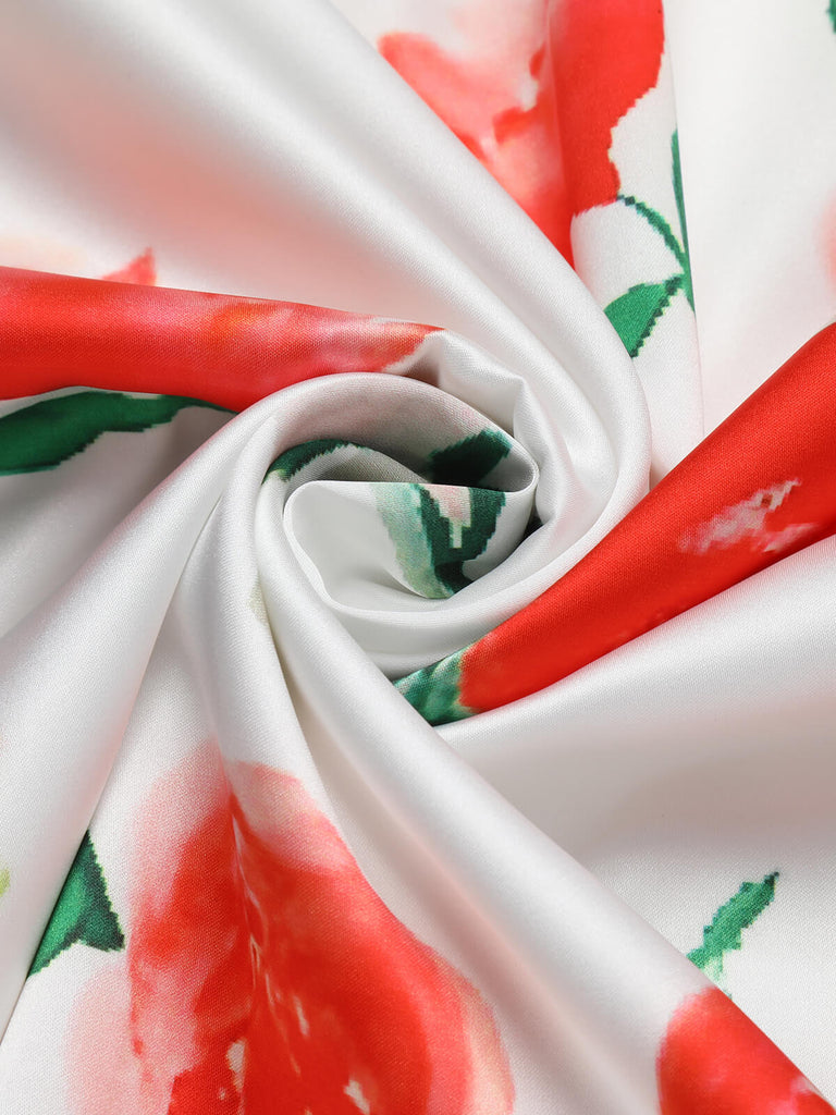 Weißes 1950er Aquarell-Rosen-Trägerkleid