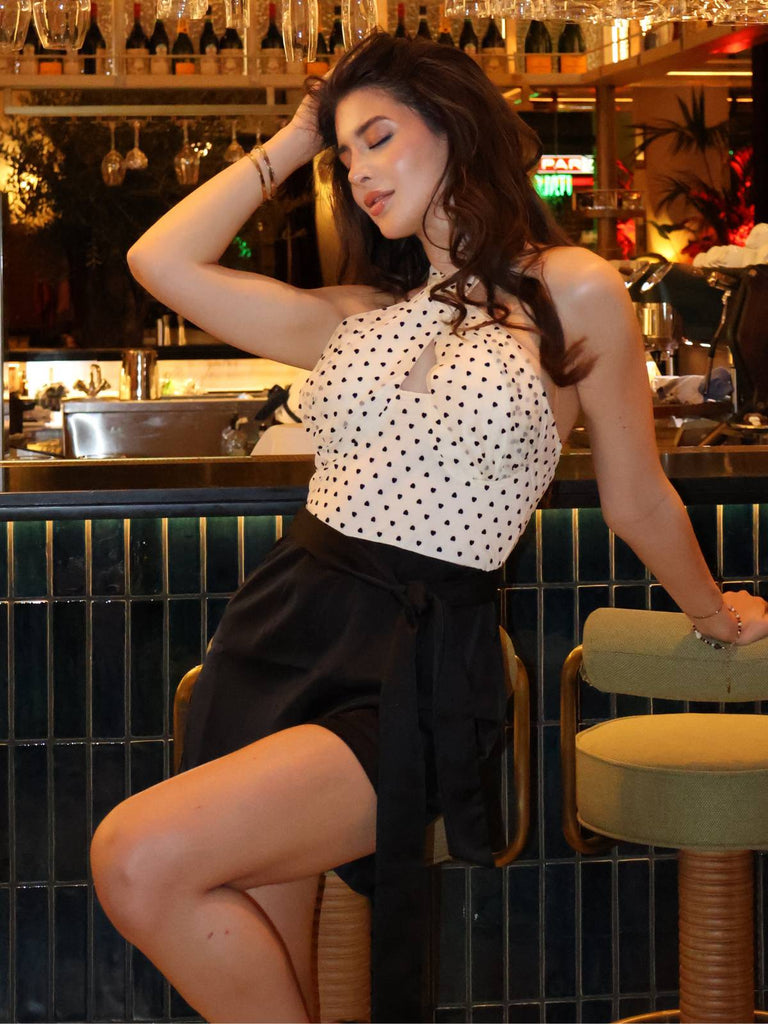 Beige 1950er 3D Herz Halter Patchwork Romper