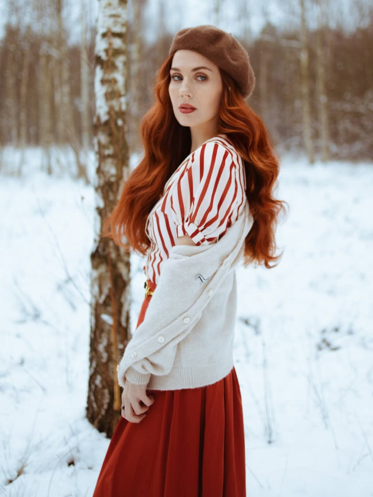 2PCS Orange Rot 1950er Gestreifte Bluse & Faltenrock