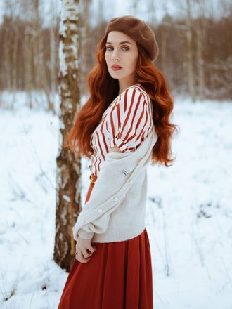 2PCS Orange Rot 1950er Gestreifte Bluse & Faltenrock