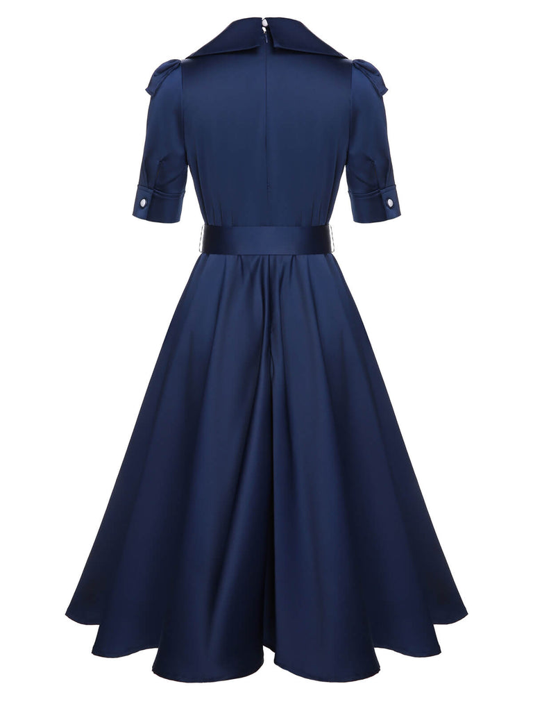 Blaues 1940er Kleid mit kurzen Ärmeln und Revers