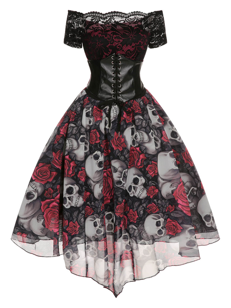 [Vorverkauf] 1950er Gothic Skelett Totenkopf Rose Spitze Mesh Kleid