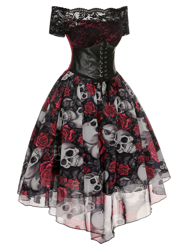 [Vorverkauf] 1950er Gothic Skelett Totenkopf Rose Spitze Mesh Kleid