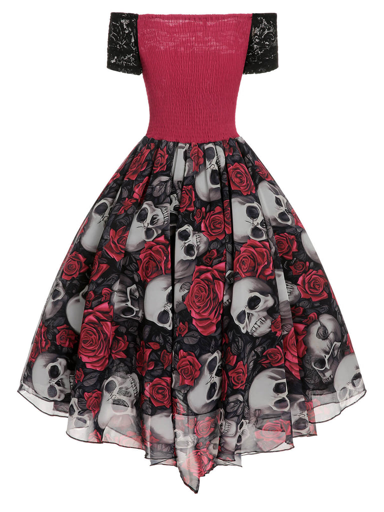 [Vorverkauf] 1950er Gothic Skelett Totenkopf Rose Spitze Mesh Kleid