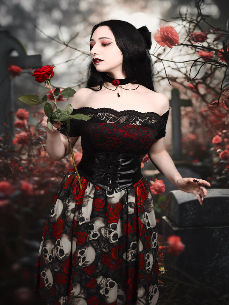 [Vorverkauf] 1950er Gothic Skelett Totenkopf Rose Spitze Mesh Kleid