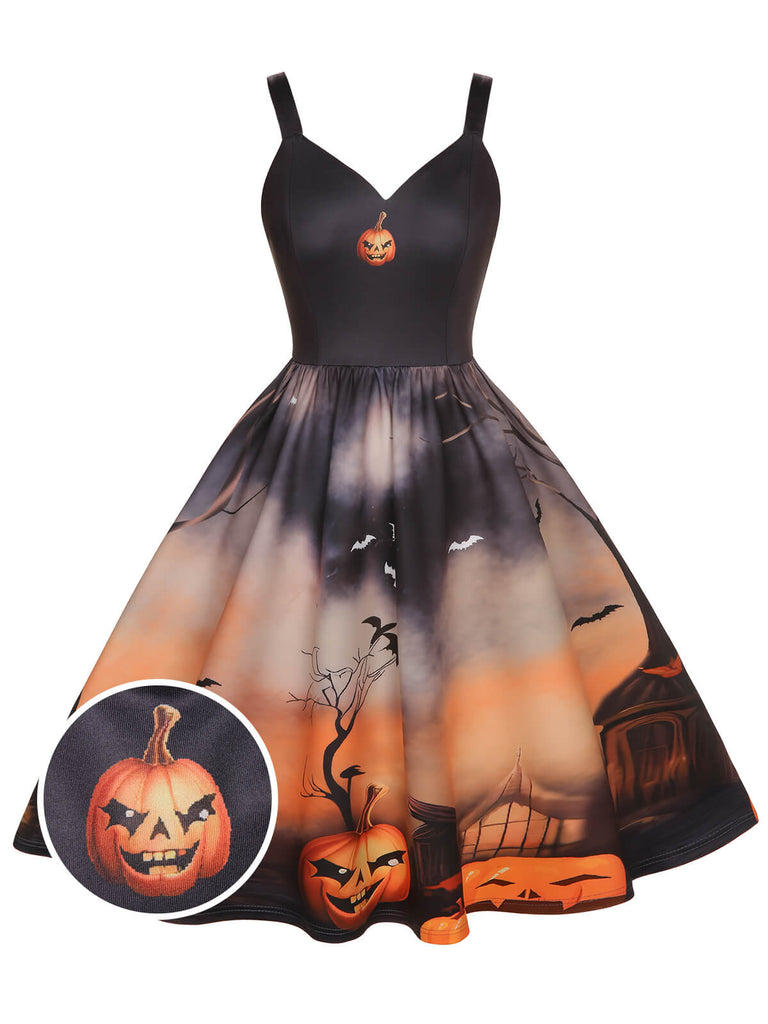 Schwarzes 1950er Halloween Kürbis Swing Kleid