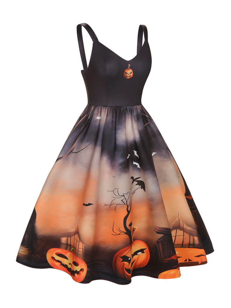 Schwarzes 1950er Halloween Kürbis Swing Kleid