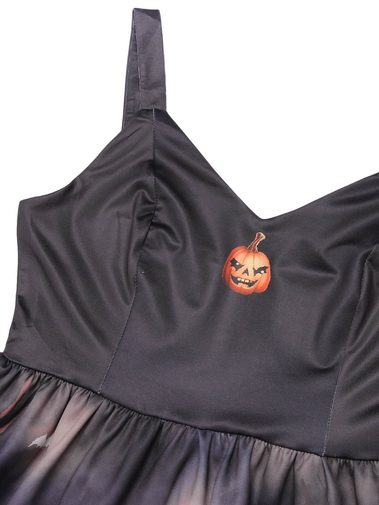 Schwarzes 1950er Halloween Kürbis Swing Kleid