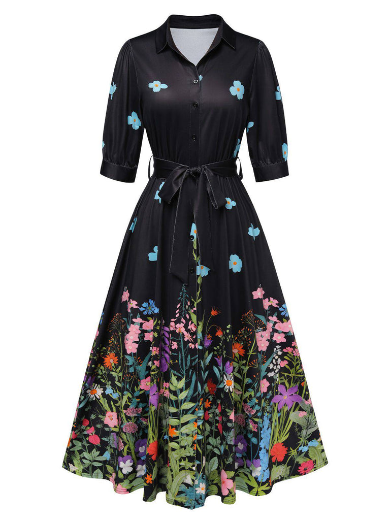 [Vorverkauf] Hellblau 1940er Blumen Hemdkragen Gürtel Kleid