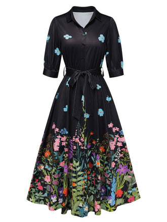 [Vorverkauf] Schwarz 1940er Blumenmuster Hemdkragen mit Gürtel Kleid