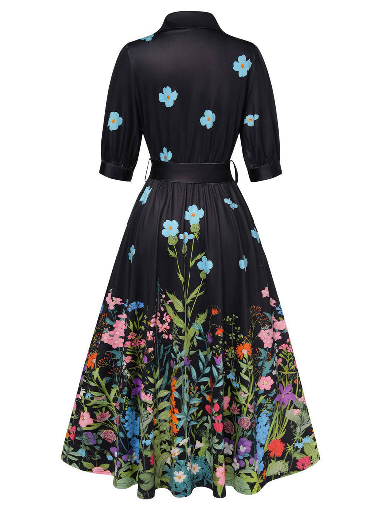 [Vorverkauf] Hellblau 1940er Blumen Hemdkragen Gürtel Kleid