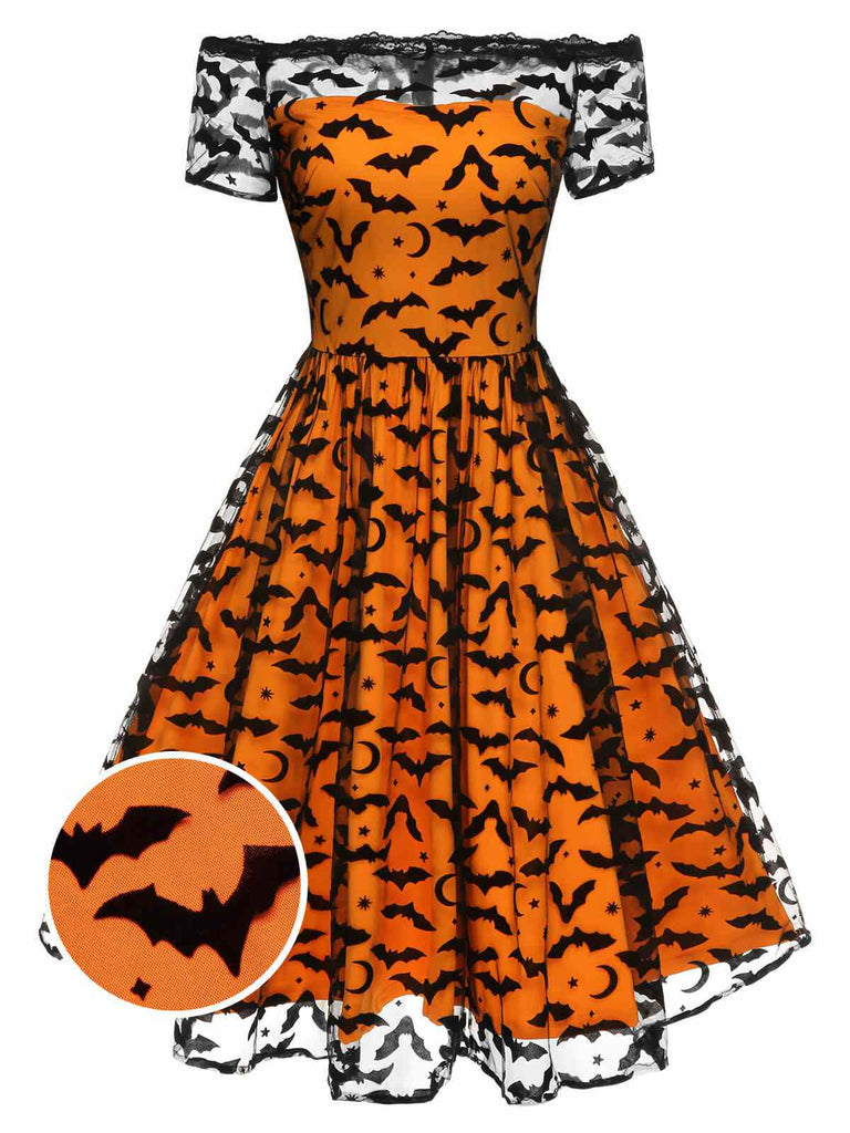 [Vorverkauf] 1950er Halloween Fledermaus Kostüm Spitzen Schulter Swing Kleid