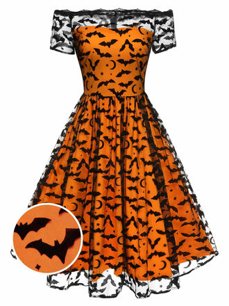 [Vorverkauf] 1950er Halloween Fledermaus Kostüm Spitzen Schulter Swing Kleid