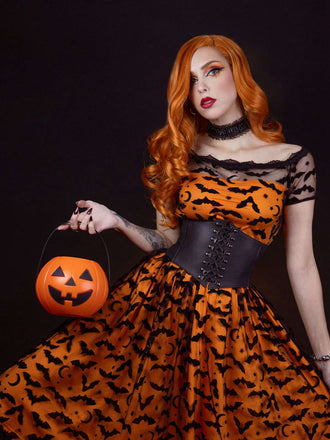 [Vorverkauf] 1950er Halloween Fledermaus Kostüm Spitzen Schulter Swing Kleid
