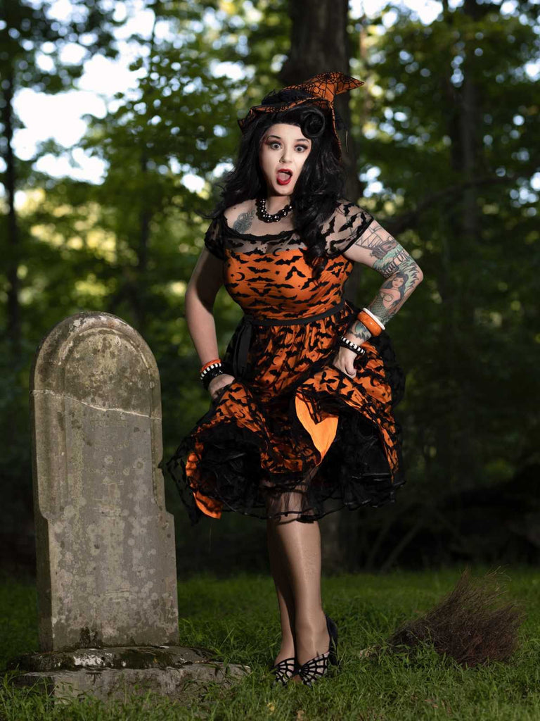[Vorverkauf] 1950er Halloween Fledermaus Kostüm Spitzen Schulter Swing Kleid