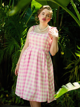 Rosa 1950er Spaghettiträger Plaid Bogen Swing Kleid
