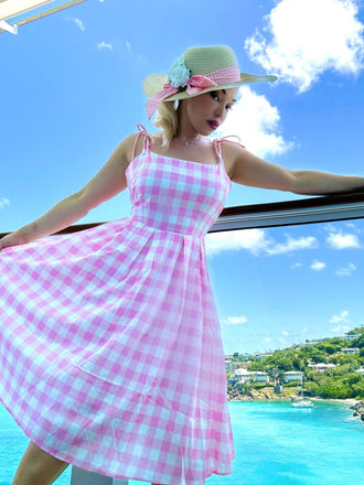 Rosa 1950er Spaghettiträger Plaid Bogen Swing Kleid