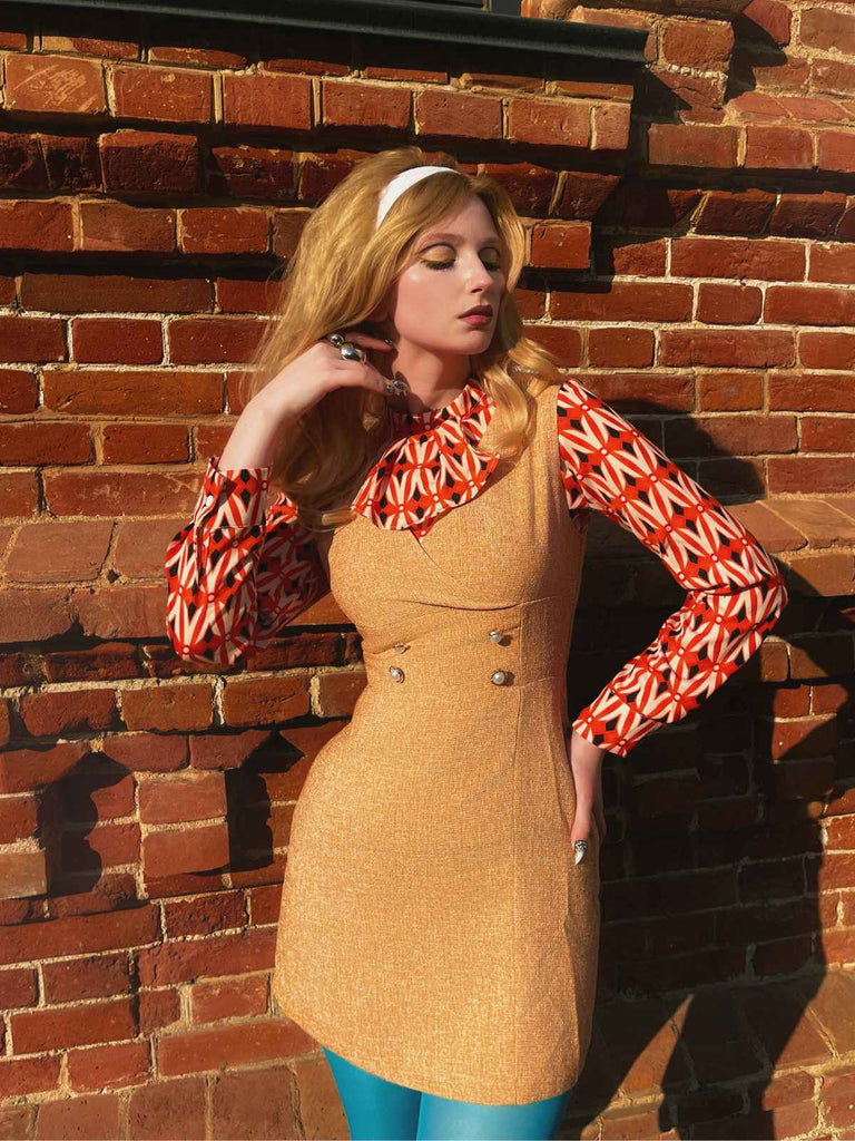 2PCS Orange 1960er Bluse & Tweed Mini Kleid