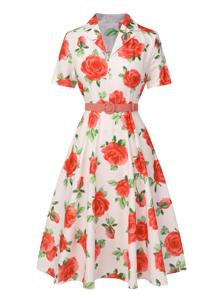 Beige 1950er Rosen-Reverskleid Mit Gürtel