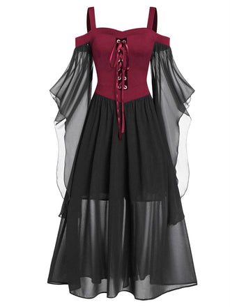 Tiefrot 1950er Halloween Gothic Hexe Transparentes Ärmel Träger Kleid