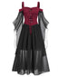 Tiefrot 1950er Halloween Gothic Hexe Transparentes Ärmel Träger Kleid