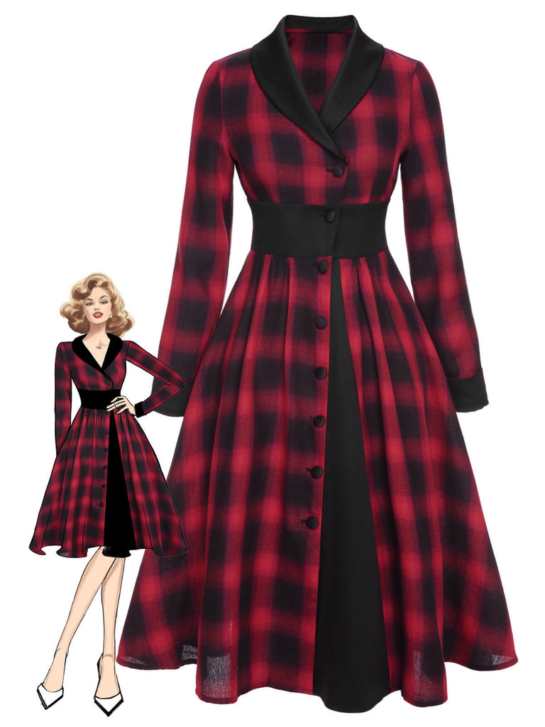 Schwarz-rotes 1950er Gingham-Kariertes Kleid mit Knopfaufschlag
