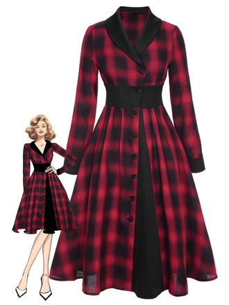 Schwarz-rotes 1950er Gingham-Kariertes Kleid mit Knopfaufschlag