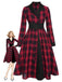 Schwarz-rotes 1950er Gingham-Kariertes Kleid mit Knopfaufschlag