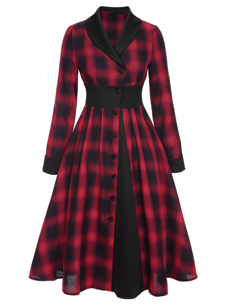 Schwarz-rotes 1950er Gingham-Kariertes Kleid mit Knopfaufschlag