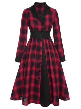 Schwarz-rotes 1950er Gingham-Kariertes Kleid mit Knopfaufschlag