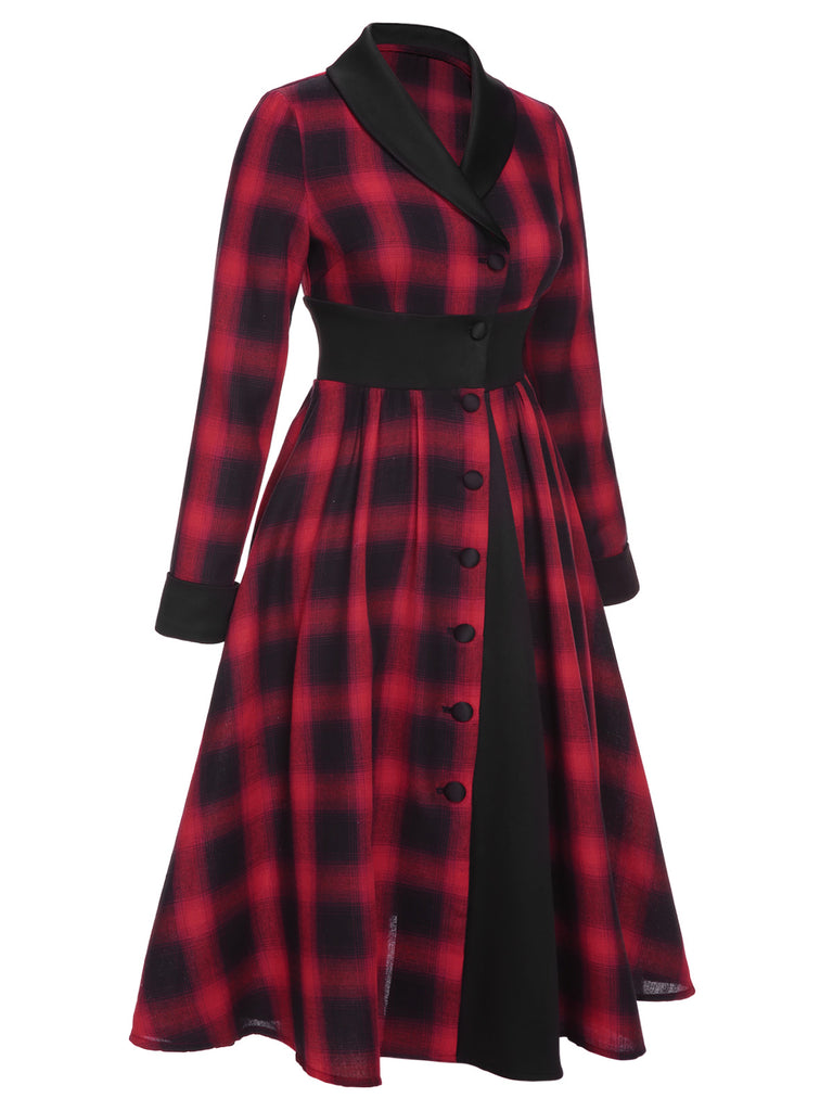 Schwarz-rotes 1950er Gingham-Kariertes Kleid mit Knopfaufschlag