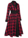 Schwarz-rotes 1950er Gingham-Kariertes Kleid mit Knopfaufschlag