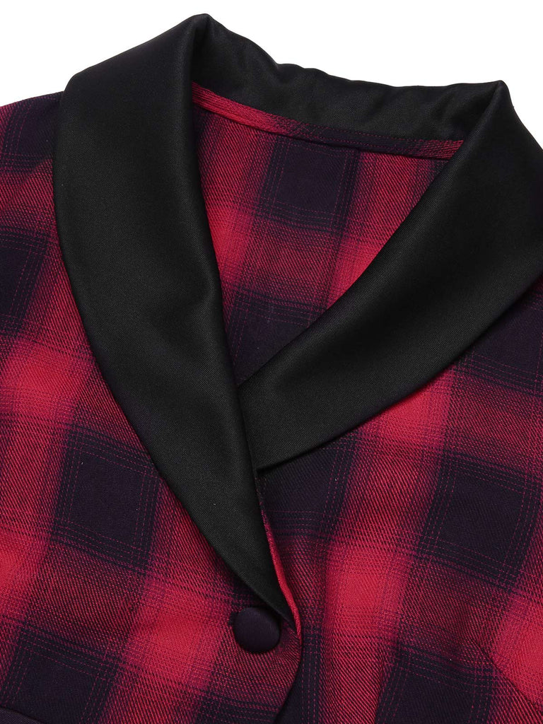 Schwarz-rotes 1950er Gingham-Kariertes Kleid mit Knopfaufschlag