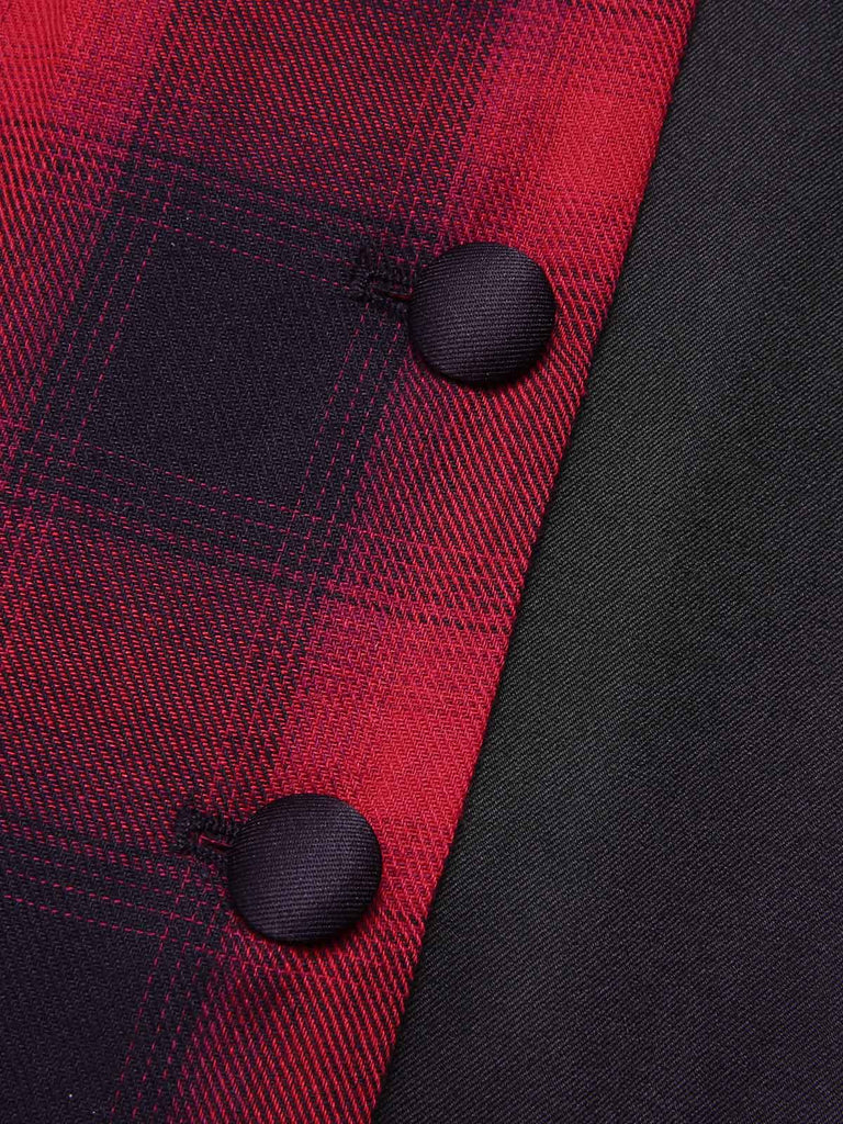 Schwarz-rotes 1950er Gingham-Kariertes Kleid mit Knopfaufschlag