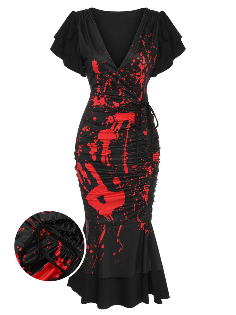 Gothic 1930er V-Ausschnitt Blut Handabdruck Fishtail Kleid