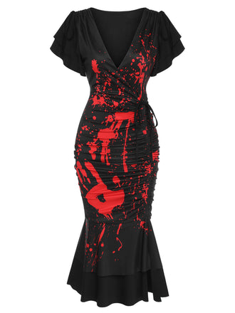 Gothic 1930er V-Ausschnitt Blut Handabdruck Fishtail Kleid