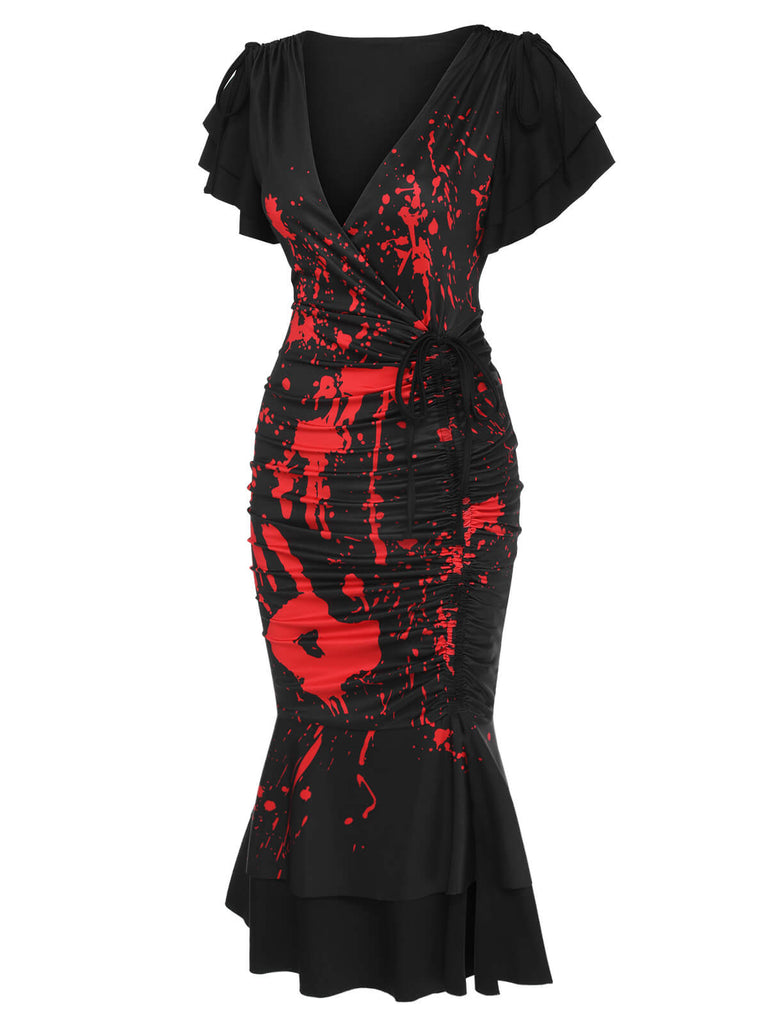 Gothic 1930er V-Ausschnitt Blut Handabdruck Fishtail Kleid