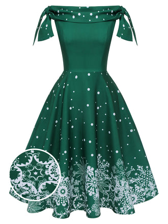 Grün 1950er Weihnachten Schulterfrei Schneeflocke Kleid