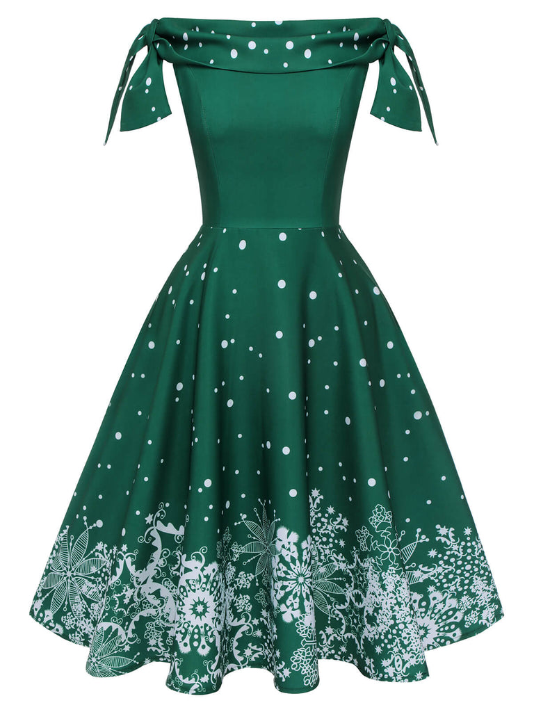 Grün 1950er Weihnachten Schulterfrei Schneeflocke Kleid