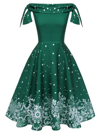 Grün 1950er Weihnachten Schulterfrei Schneeflocke Kleid
