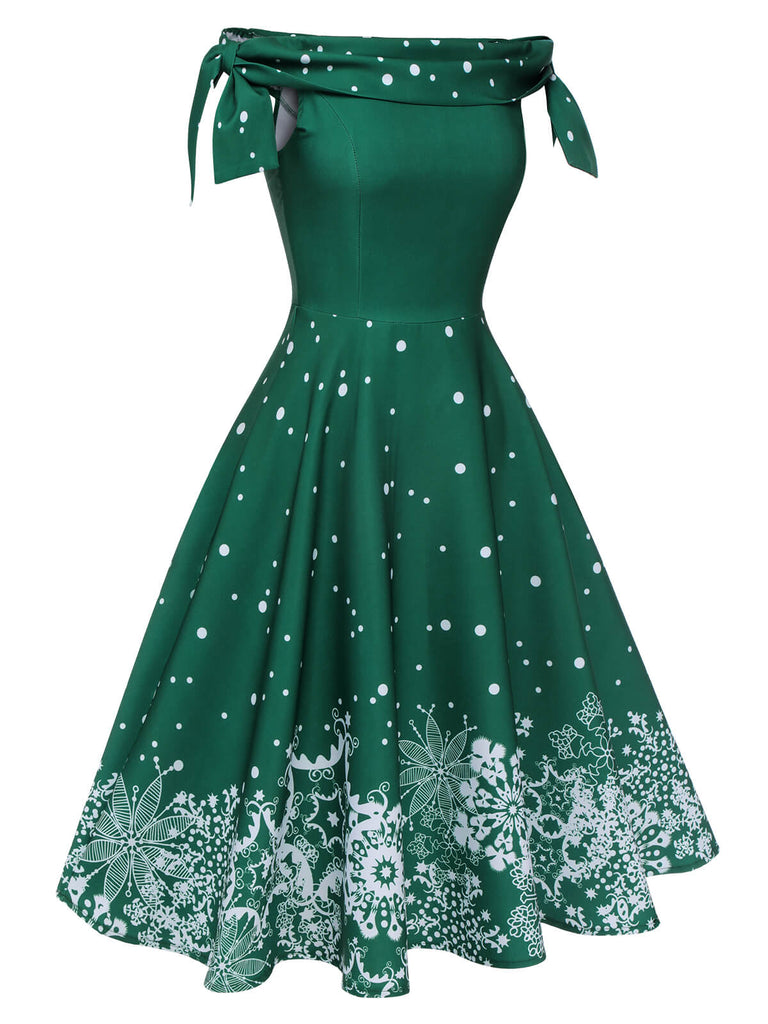 Grün 1950er Weihnachten Schulterfrei Schneeflocke Kleid